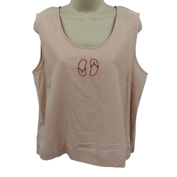 AKC Women Large Petite LP Pink Embroidered Flip Flops Linen Blend Tank Top Shirt - Picture 1 of 8